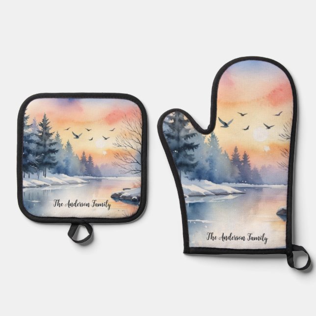 Winter Landscape Sunrise Lake Birds Personalized Oven Mitt & Pot Holder Set (Front)