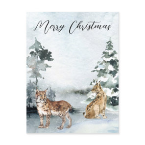 Winter landscape Watercolor Bobcat Lynx Christmas Postcard