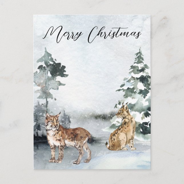 Winter landscape Watercolor Bobcat Lynx Christmas Postcard (Front)