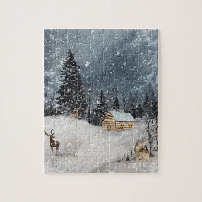 Winter Landscape Watercolor Cabin Jigsaw Puzzle | Zazzle