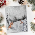 Winter Landscape Watercolor Foxes Jigsaw Puzzle<br><div class="desc">This design may be personalized by clicking the customize button and changing the color, adding a name, initials or your favorite words. Contact me at colorflowcreations@gmail.com if you with to have this design on another product. Purchase my original abstract acrylic painting for sale at www.etsy.com/shop/colorflowart. See more of my creations...</div>