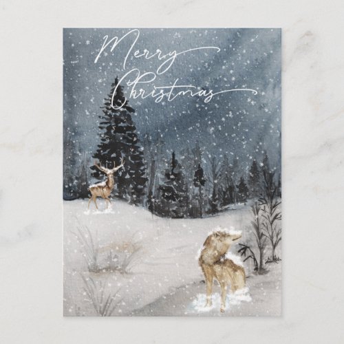 Winter landscape Watercolor Holiday wolf Postcard