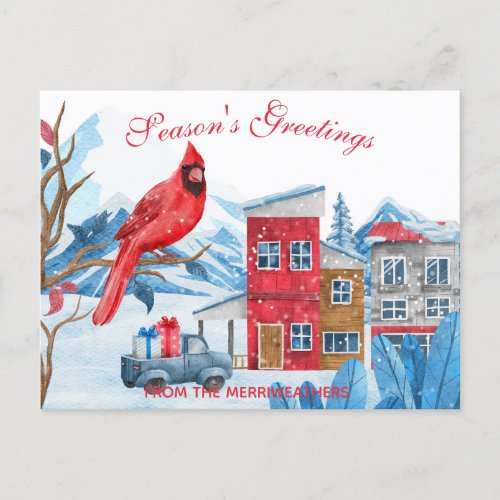 Winter Landscape Watercolor Illustration Christmas Postcard