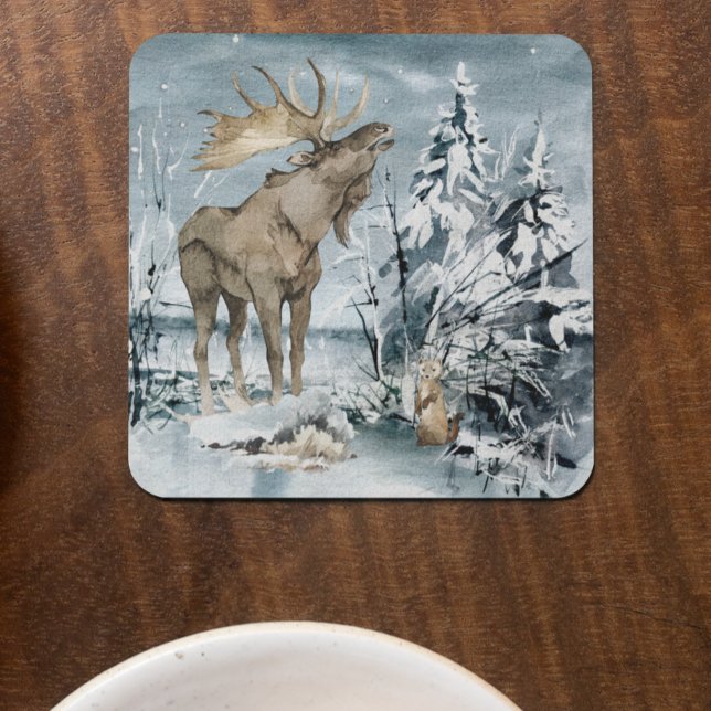 Winter landscape Watercolor Moose   Beverage Coaster (Creator Uploaded)