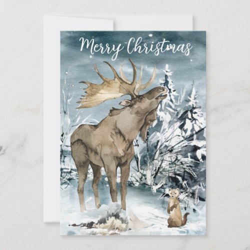 Winter landscape Watercolor Moose Christmas Postca Holiday Card