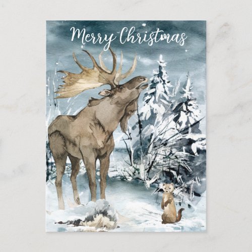 Winter landscape Watercolor Moose Christmas Postcard