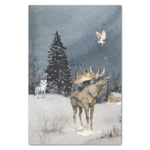 Winter Landscape Watercolor Wolf Moose Scene  Tissue Paper
