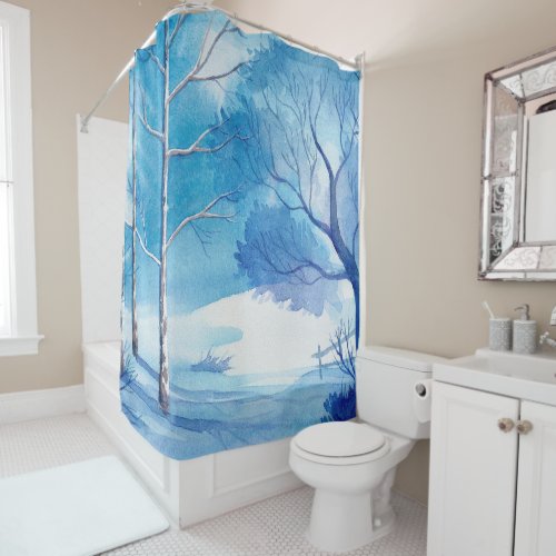 Winter landscape Watercolors Illustration Shower Curtain