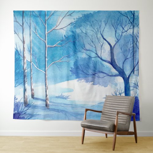 Winter Landscape Watercolors Illustration Tapestry
