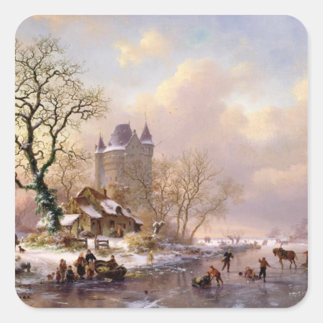 Winter Landscape with a Castle Square Sticker (Front)