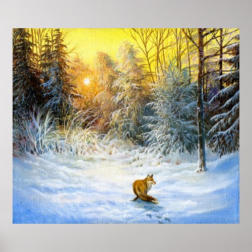 Winter landscape with a fox on a decline poster
