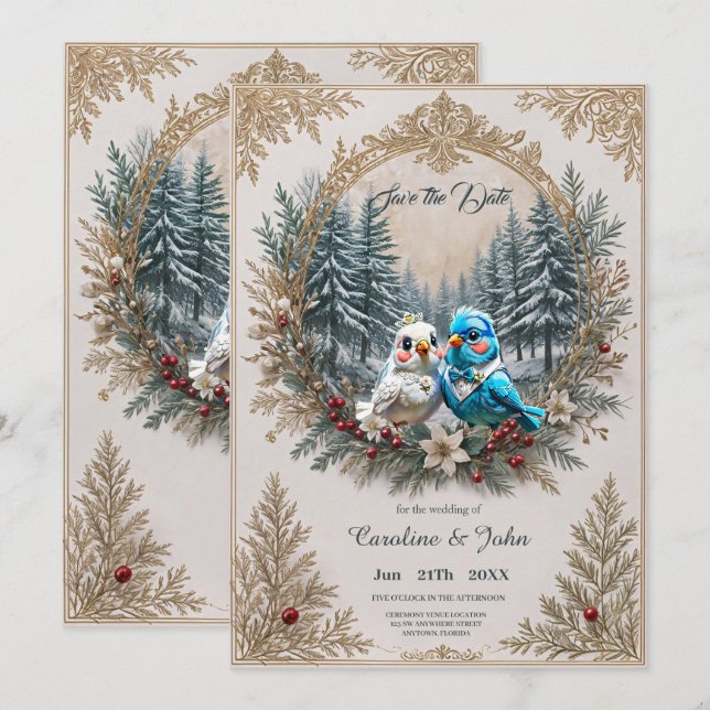 Winter landscape with cute bird wedding couple.  save the date (Front/Back)