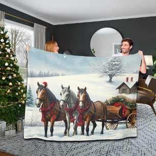 Winter Landscape with Horses and Cabin Fleece Blanket