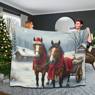 Winter Landscape with Horses and Cabin Fleece Blanket