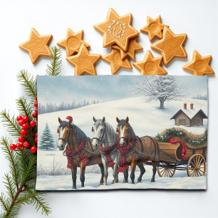Winter Landscape with Horses and Cabin Kitchen Towel