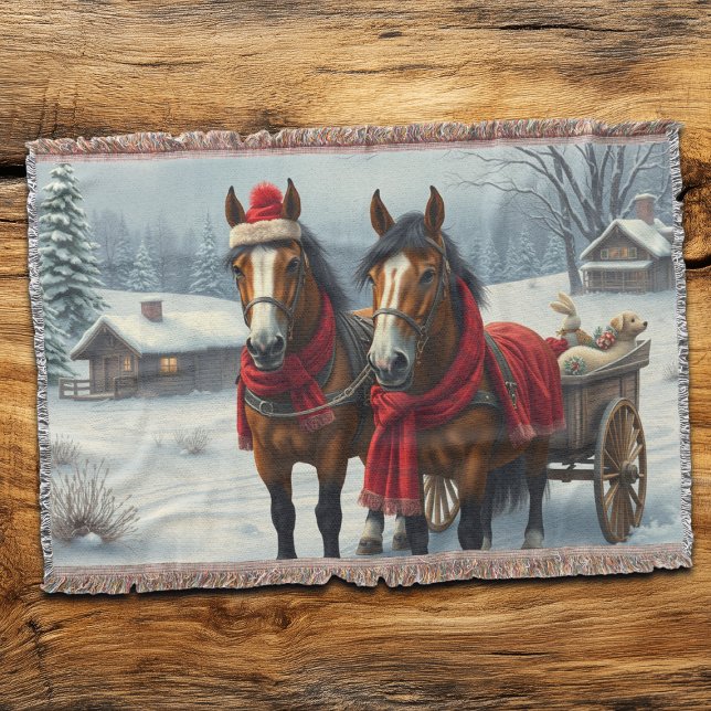 Winter Landscape with Horses and Cabin Throw Blanket (Creator Uploaded)