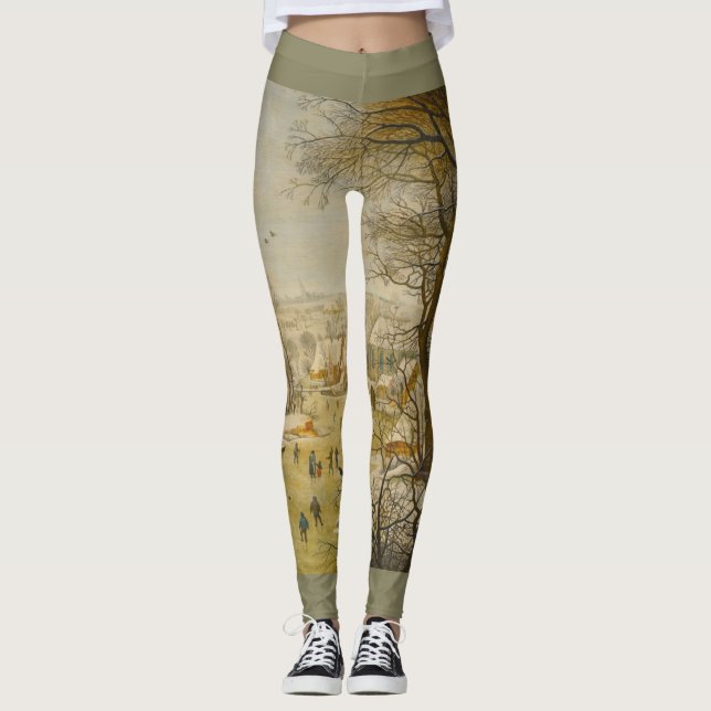 Winter Landscape with Ice Skaters and Bird Trap Leggings (Front)