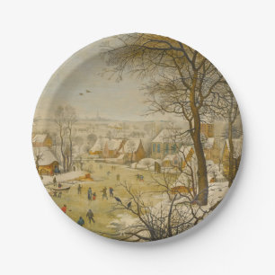 Winter Landscape with Ice Skaters and Bird Trap Paper Plates