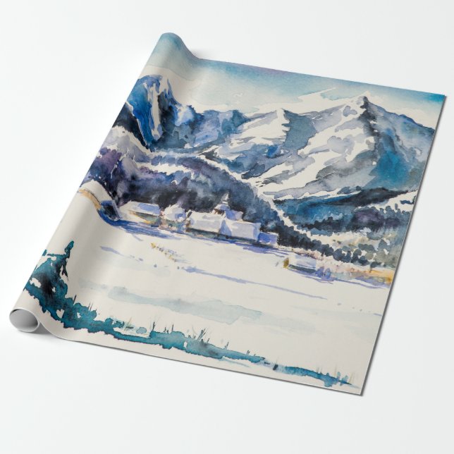 Winter landscape with mountain village covered wit wrapping paper (Unrolled)