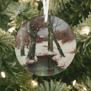 Winter Landscape With Rising Moon Glass Ornament