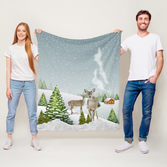 Winter Landscape with Snow and Deer Cozy Fleece Blanket (In Situ)