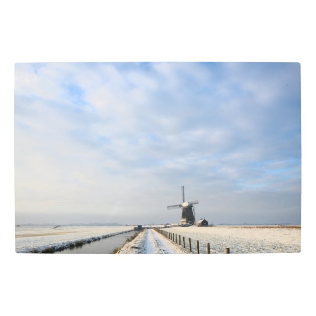 Winter landscape with snow and windmill in Holland Metal Print (Front)