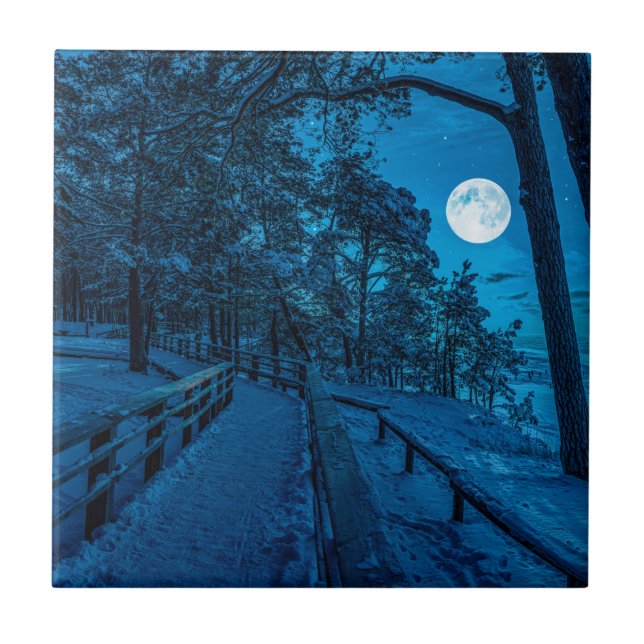 Winter landscape with snow covered pine forest ceramic tile (Front)