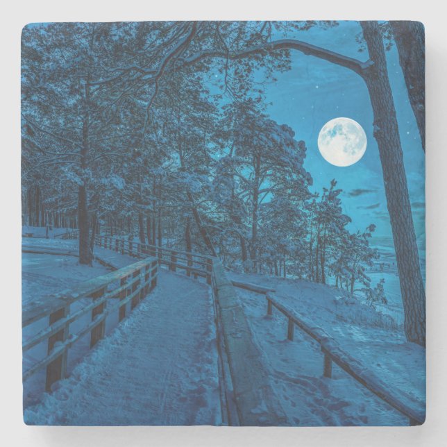 Winter landscape with snow covered pine forest stone coaster (Front)