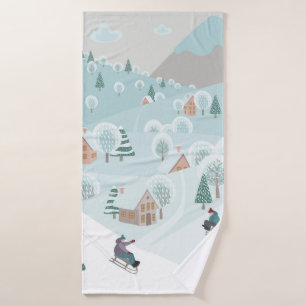 Winter landscape with snow, trees and children on bath towel