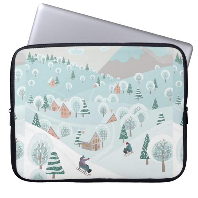 Winter landscape with snow, trees and children on  laptop sleeve (Front)