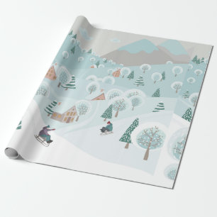 Winter landscape with snow, trees and children on wrapping paper