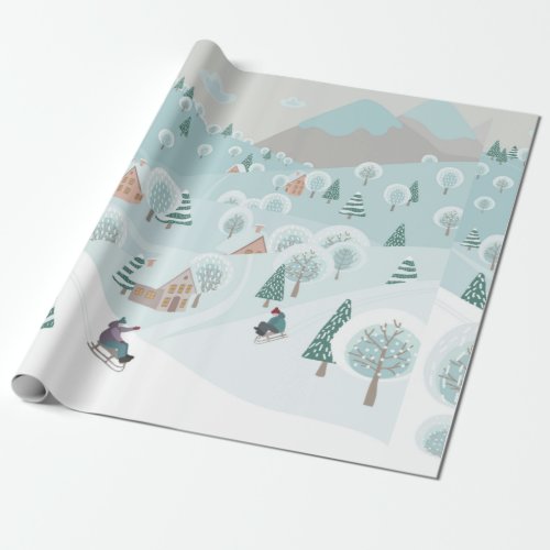 Winter landscape with snow trees and children on  wrapping paper