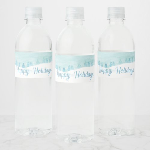Winter Landscape With Spruce Trees Happy Holidays Water Bottle Label