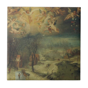 Winter Landscape With Villagers Gathering Wood Ceramic Tile