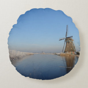 Winter landscape with windmill and ice round pillow