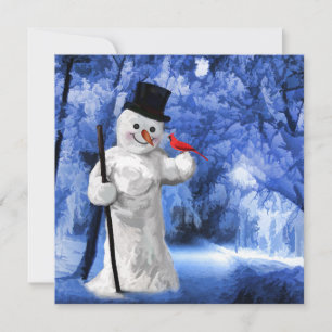 Winter Lane Snowman with Red Cardinal Painting Holiday Card