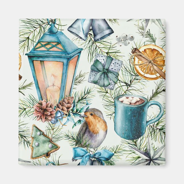 Winter Lantern Birds Cocoa Cozy Blue Magnet (Front)