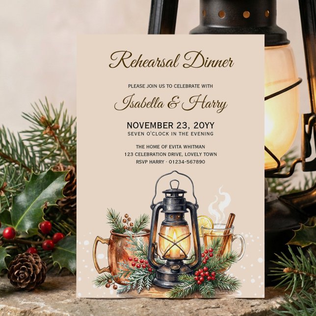 Winter Lantern Drinks Rehearsal Dinner Invitation (Rehearsal Dinner invitation for the winter and christmas holiday season by Darling & May)