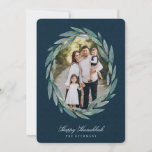 Winter Laurel | Hanukkah Photo Holiday Card<br><div class="desc">Send Hanukkah greetings to friends and family in chic style with our elegant photo cards. Your favorite vertical or portrait oriented image is framed by an oval laurel wreath of green watercolor eucalyptus leaves on a dark navy blue background. Personalize with your custom holiday greeting and names beneath.</div>