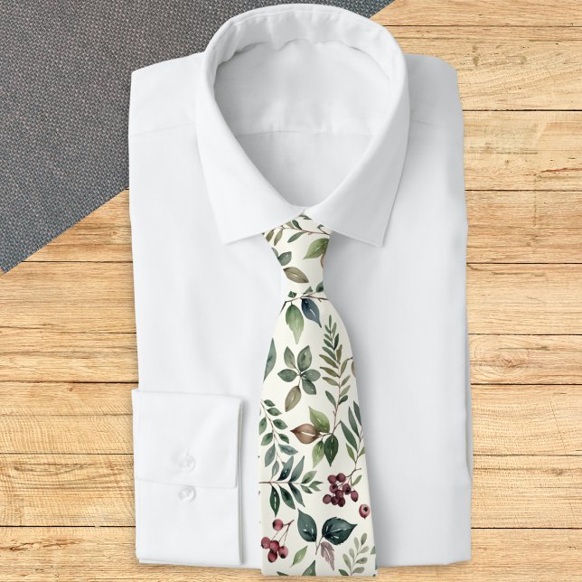 Winter Leaves and Berries Men's Botanical Neck Tie (A stylish tie with botanical pattern of green leaves and red berries on a light cream background)