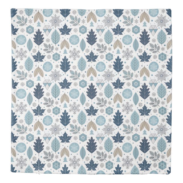 Winter Leaves and Snow Shapes Duvet Cover (Back)