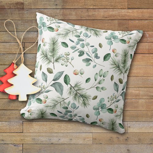 Winter Leaves Berries and Pine Needle Pattern Throw Pillow