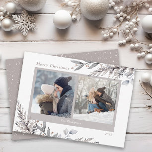 Winter Leaves & Sprigs Watercolor 2 Photos Holiday Card
