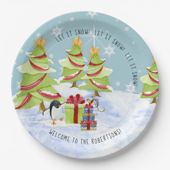 Winter Let it Snow Christmas Trees Penguin Name Paper Plates (Front)
