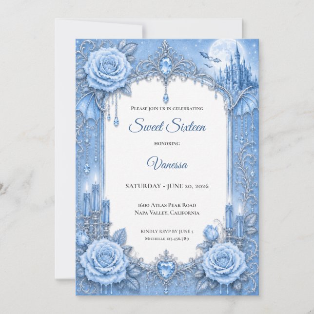 Winter light Blue Princess Sweet 16 Invitation (Front)