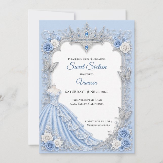 Winter light Blue Princess Sweet 16 Invitation (Front)