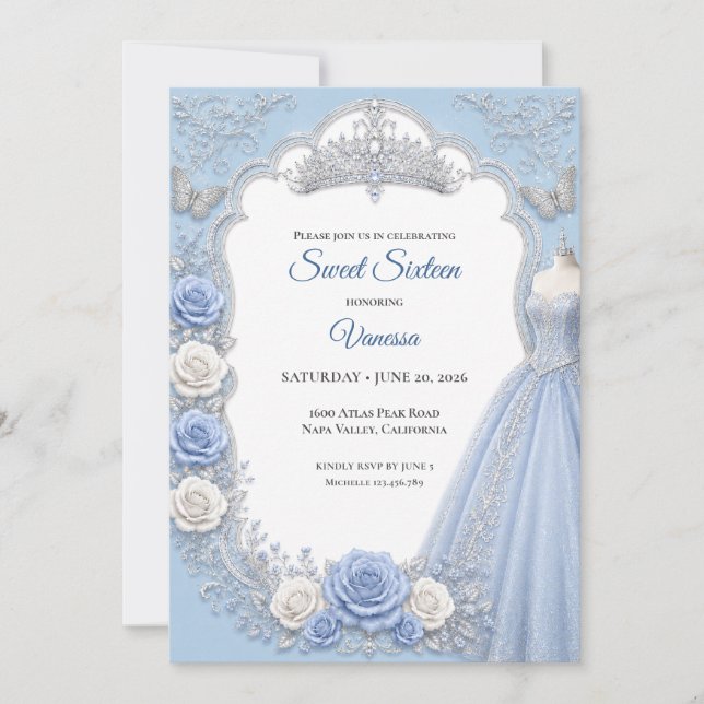 Winter light Blue Princess Sweet 16 Invitation (Front)