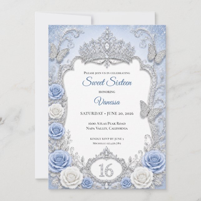 Winter light Blue Princess Sweet 16 Invitation (Front)