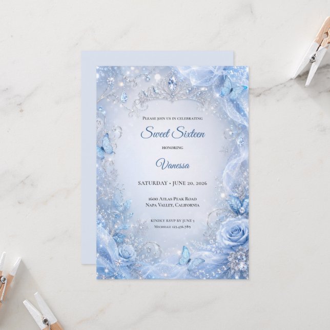 Winter light Blue Princess Sweet 16 Invitation (Front/Back In Situ)