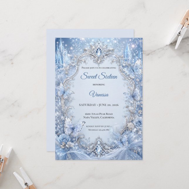 Winter light Blue Princess Sweet 16 Invitation (Front/Back In Situ)